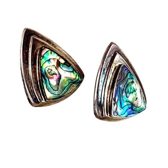 925 Sterling Silver Abalone Shell Triangle Stud Earrings Vintage Modernist - Picture 3 of 7